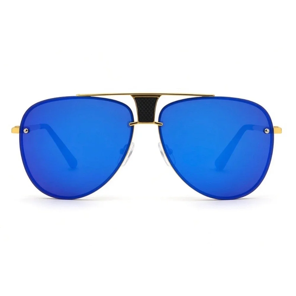 Mens Gold Blue Mirrored Sunglasses Streetwear Luxury Cyberpunk Modern Reflective